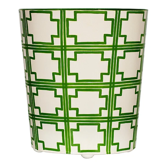Worlds Away Squared Oval Wastebasket Cream/Green Sqrs WBSQUAREDGR