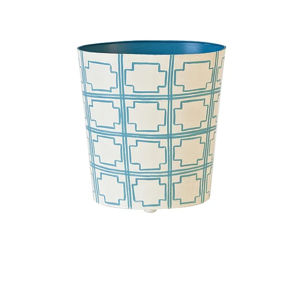 Worlds Away Squared Oval Wastebasket Cream/Turq Sqrs WBSQUAREDT
