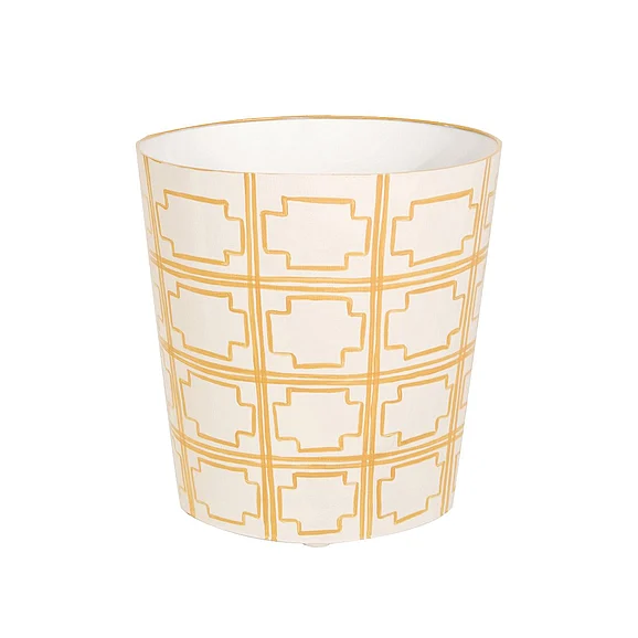 Worlds Away Squared Oval Wastebasket Cream/Yellow Sqrs WBSQUAREDY
