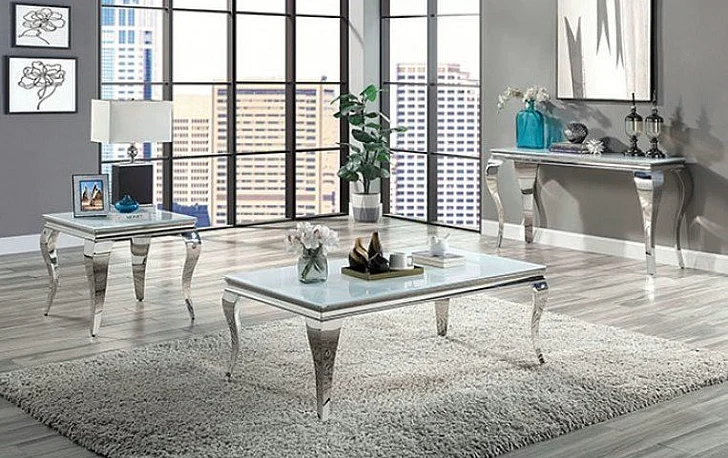Furniture of America Wetzikon 3pc Coffee Table Set in White/Silver