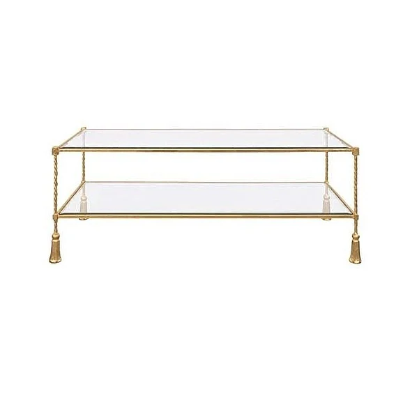 Worlds Away Rectangular Iron Coffee Table With Tassel Inspired Feet and Glass Top in Gold Leaf WHITLEY G
