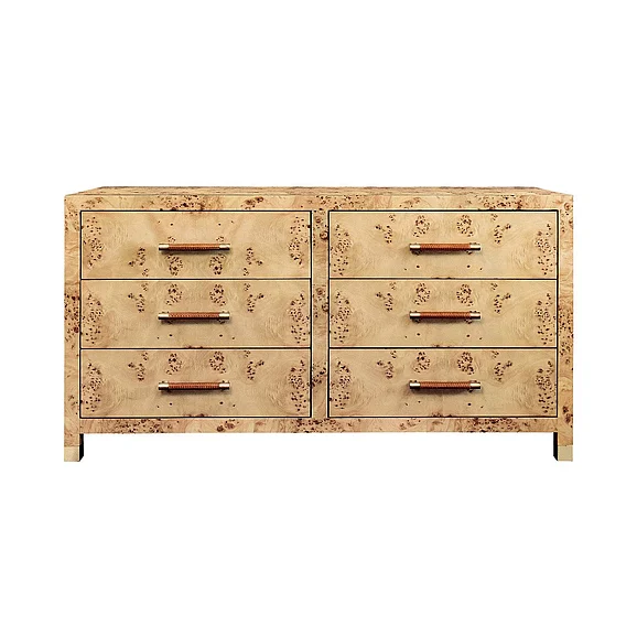 Worlds Away Six Drawer Chest w/ Rattan Wrapped Handles in Burl Wood WINCHESTER BW