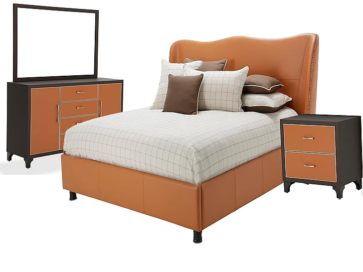 Aico 21 Cosmopolitan 4pc Upholstered Wing Bedroom Set in Orange
