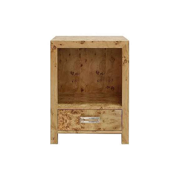 Worlds Away One Drawer Side Table w/ Acrylic Hardware in Burl Wood WINNIE BW