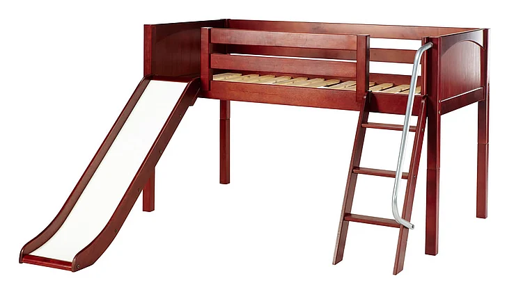 Maxtrix Bare Bone Twin Size Low Loft (Low/Low) Panel Bed with Angle Ladder and Slide in Chestnut WOWCP