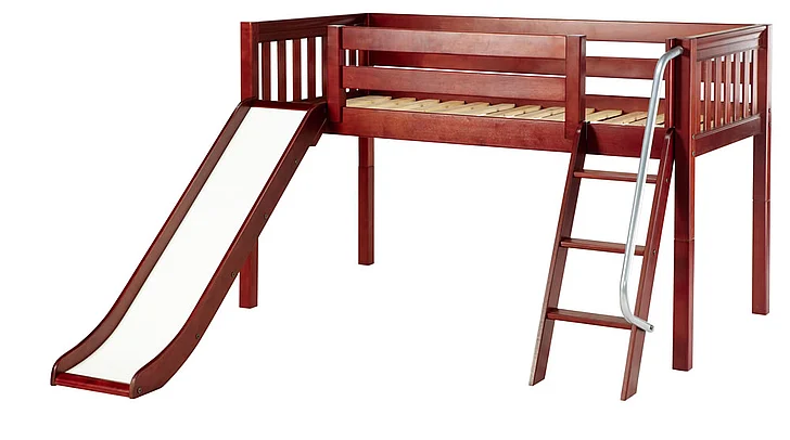 Maxtrix Bare Bone Twin Size Low Loft (Low/Low) Slat Bed with Angle Ladder and Slide in Chestnut WOWCS