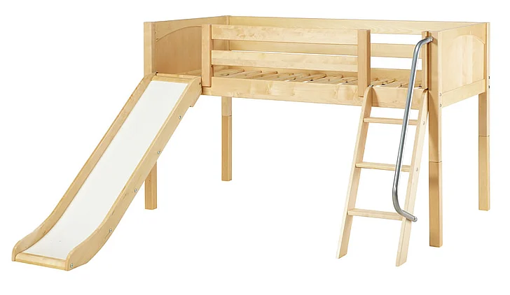 Maxtrix Bare Bone Twin Size Low Loft (Low/Low) Panel Bed with Angle Ladder and Slide in Natural WOWNP