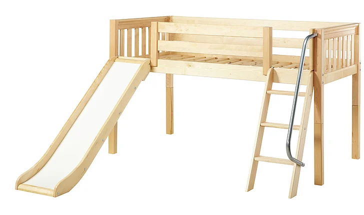Maxtrix Bare Bone Twin Size Low Loft (Low/Low) Slat Bed with Angle Ladder and Slide in Natural WOWNS