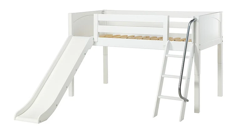 Maxtrix Bare Bone Twin Size Low Loft (Low/Low) Panel Bed with Angle Ladder and Slide in White WOWWP