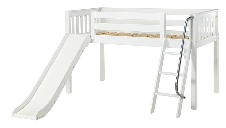 Maxtrix Bare Bone Twin Size Low Loft (Low/Low) Slat Bed with Angle Ladder and Slide in White WOWWS