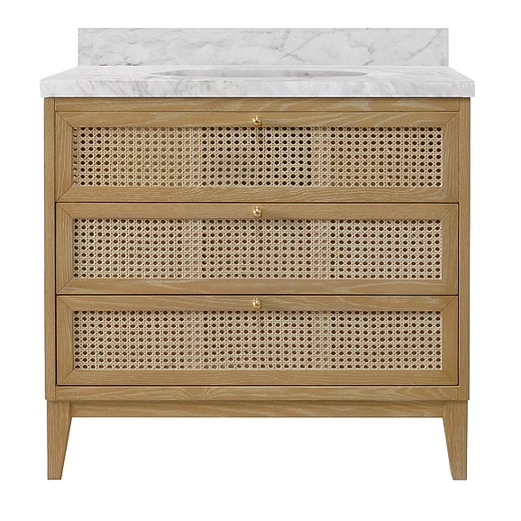 Worlds Away Bath Vanity in Cerused Oak w/ Cane Front Drawers White Marble Top and Porcelain Sink WYNN CO