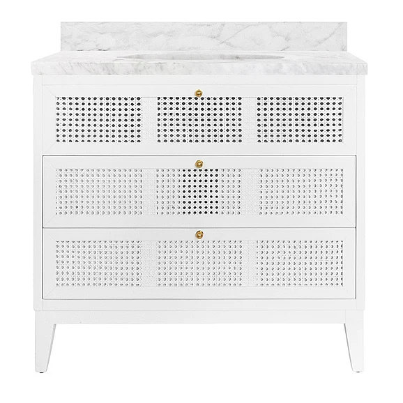 Worlds Away Bath Vanity in Matte White Lacquer w/ Cane Front Drawers White Marble Top and Porcelain Sink WYNN WH