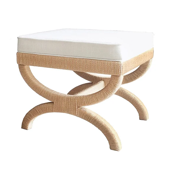 Worlds Away Natural Rope Wrapped Base Stool w/ White Linen Cushion XANADU STOOL