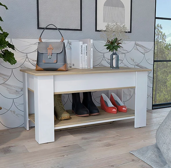Austin Storage Table, One Extendable Table Shelf, 4 Legs, Lower Shelf -Light Oak / White FedEx/UPS